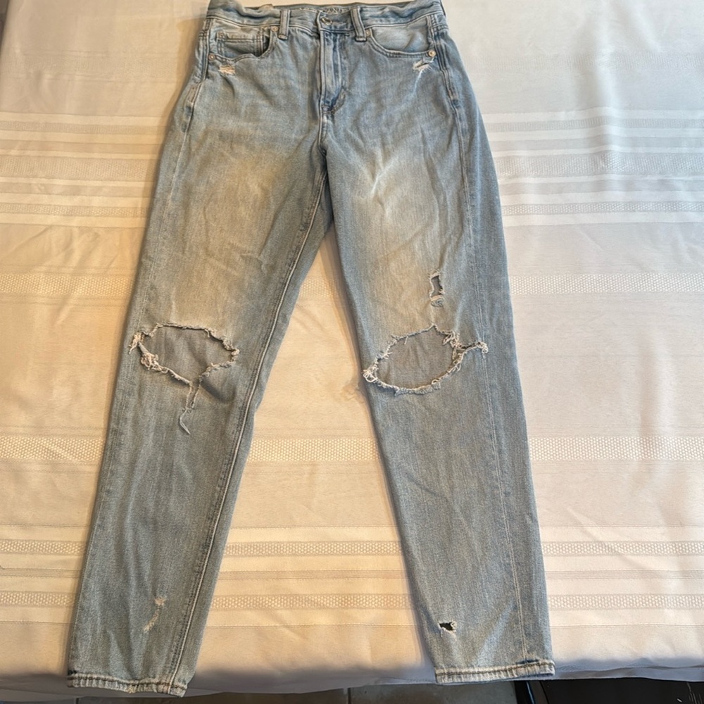 American Eagle mom jeans, light wash, distressed